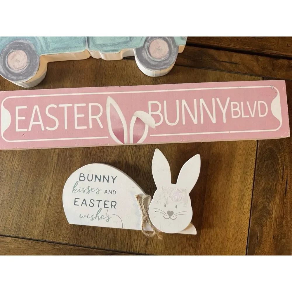 Lot of 3 Easter Wood Signs | Easter Truck Easter Bunny Blvd Bunny Kisses Decor